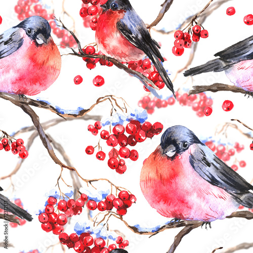 Watercolor seamless background with bullfinches
