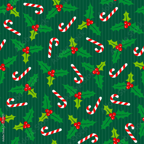 Seamless Pattern Holly Candy Cane Green