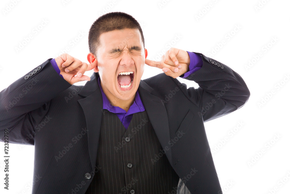model isolated on plain background plugging ears with fingers model isolated on plain background plugging ears with fingers