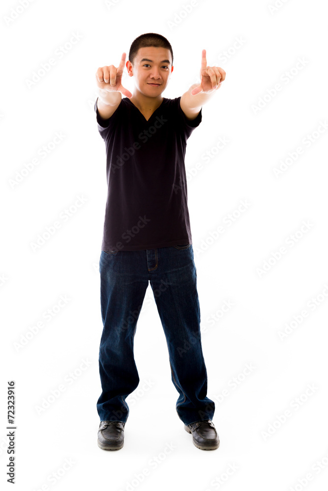 model isolated on plain background fingers pointing to camera model isolated on plain background fingers pointing to camera