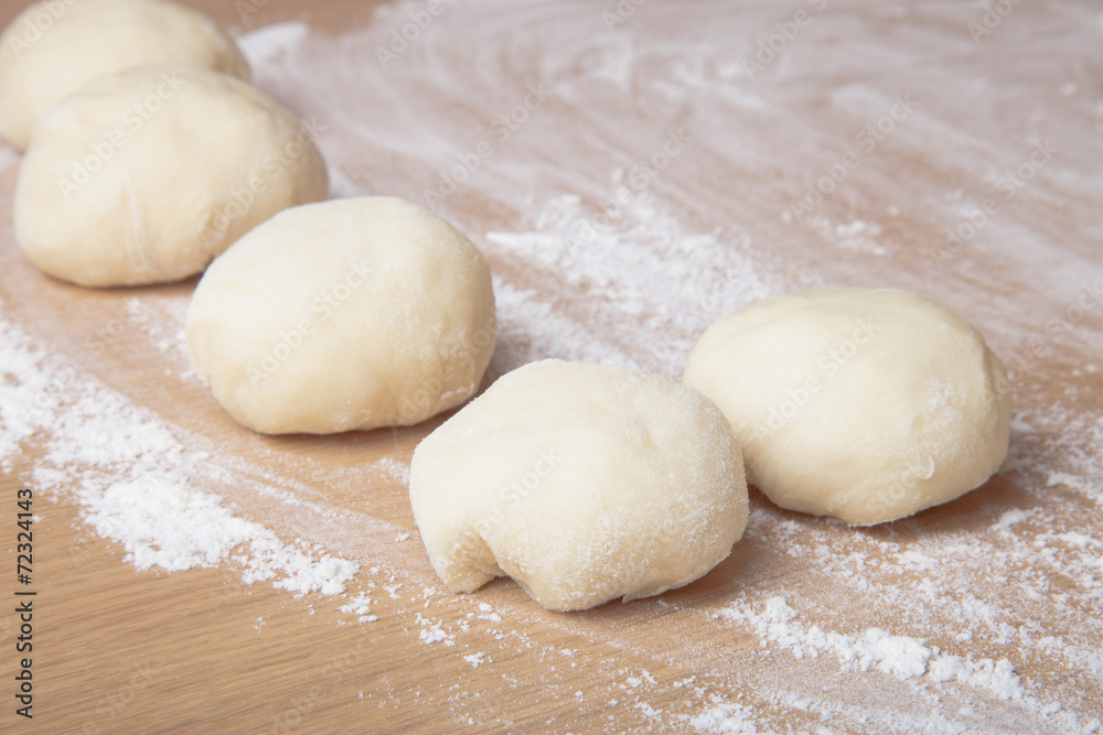 Small balls of dough with flour for pizza or cakes and scones. S