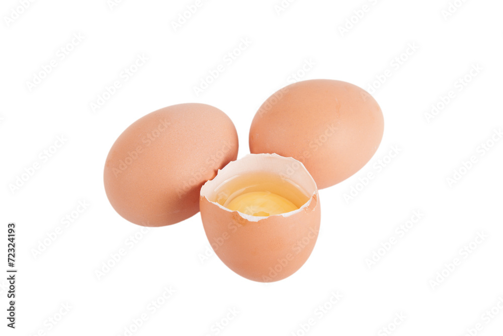 Two integer and one broken egg isolated on white background Two integer and one broken egg isolated on white background