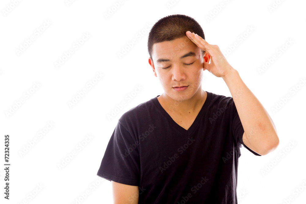 model isolated on plain background confused headache model isolated on plain background confused headache