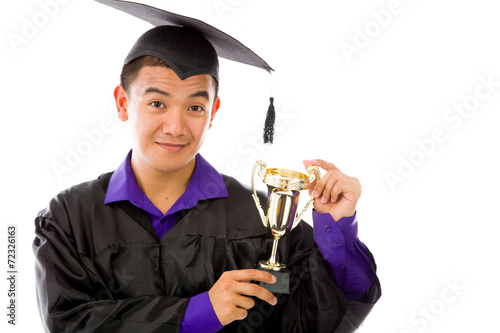 model isolated on white holding a trophee photo