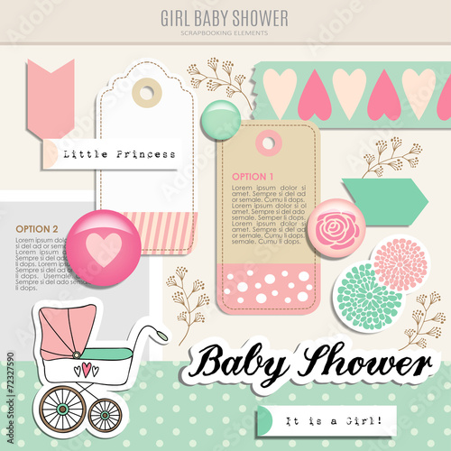 Cute set of baby shower scrapbooking elements, vector