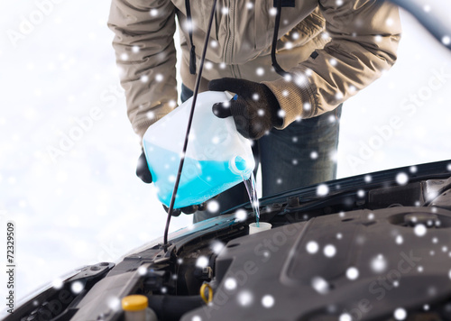 closeup of man pouring antifreeze into car photo