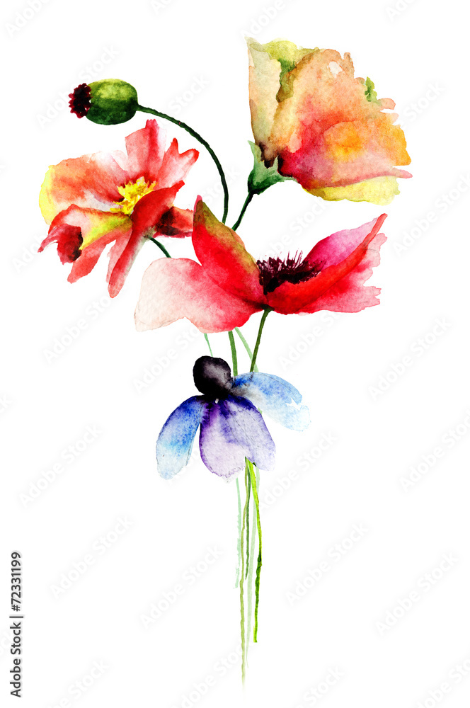 Stylized flowers watercolor illustration