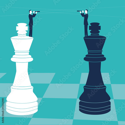 Businessmen on chess pieces with spyglass