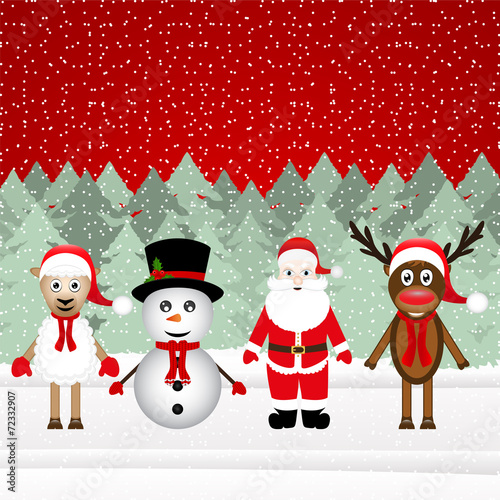 Santa Claus, reindeer, snowman and sheep in the Christmas forest