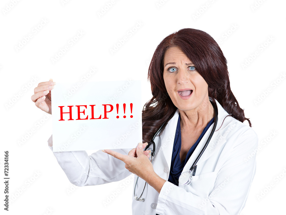stressed doctor holding help sign isolated on white background stressed doctor holding help sign isolated on white background