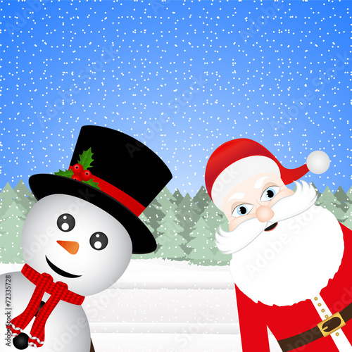 Snowman and Santa Claus in a Christmas forest