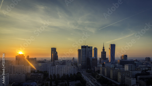 Warsaw downtown sunrise aerial view, Poland