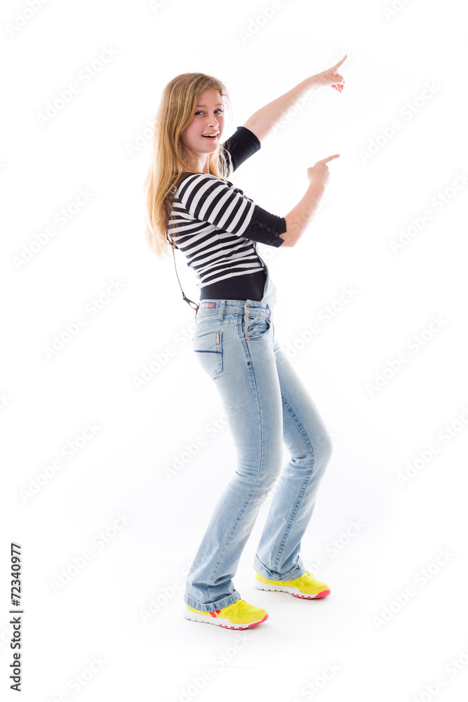 model isolated on plain background looking at camera pointing model isolated on plain background looking at camera pointing