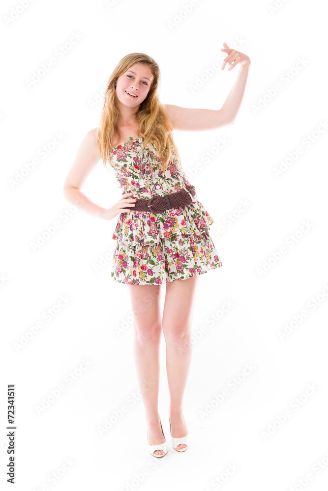 model isolated on plain background pointing to herself model isolated on plain background pointing to herself
