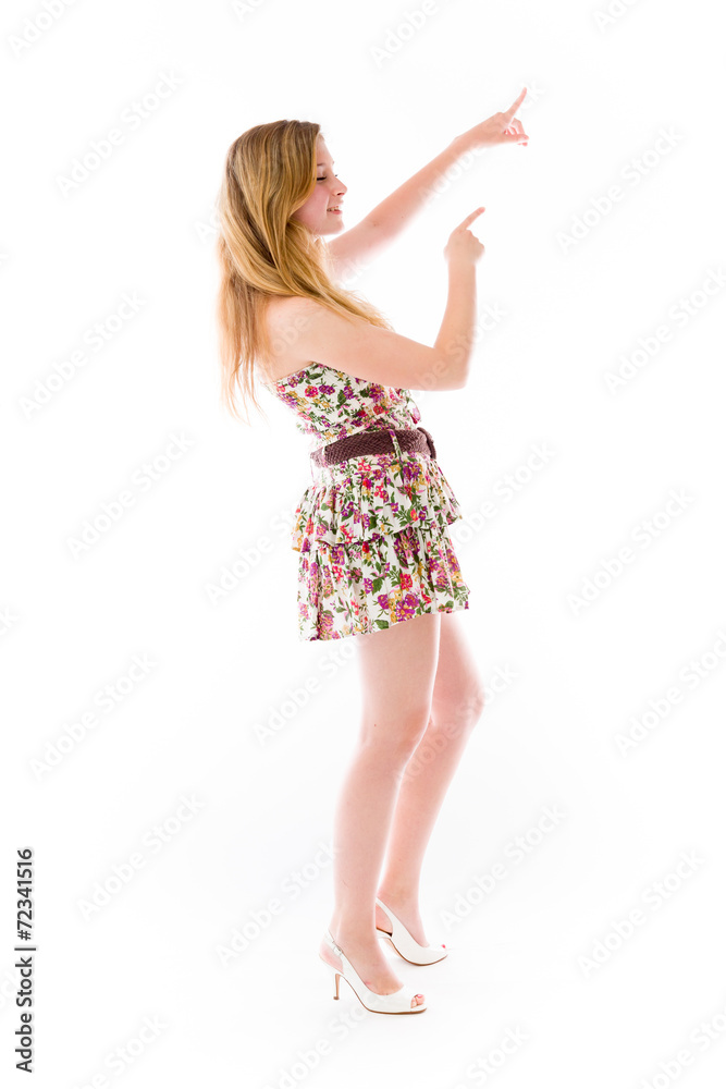 model isolated on plain background looking at camera pointing model isolated on plain background looking at camera pointing