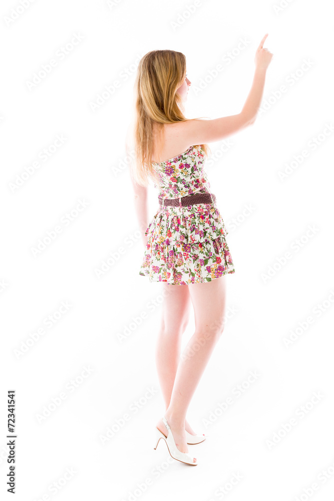 model isolated on plain background back pointing model isolated on plain background back pointing