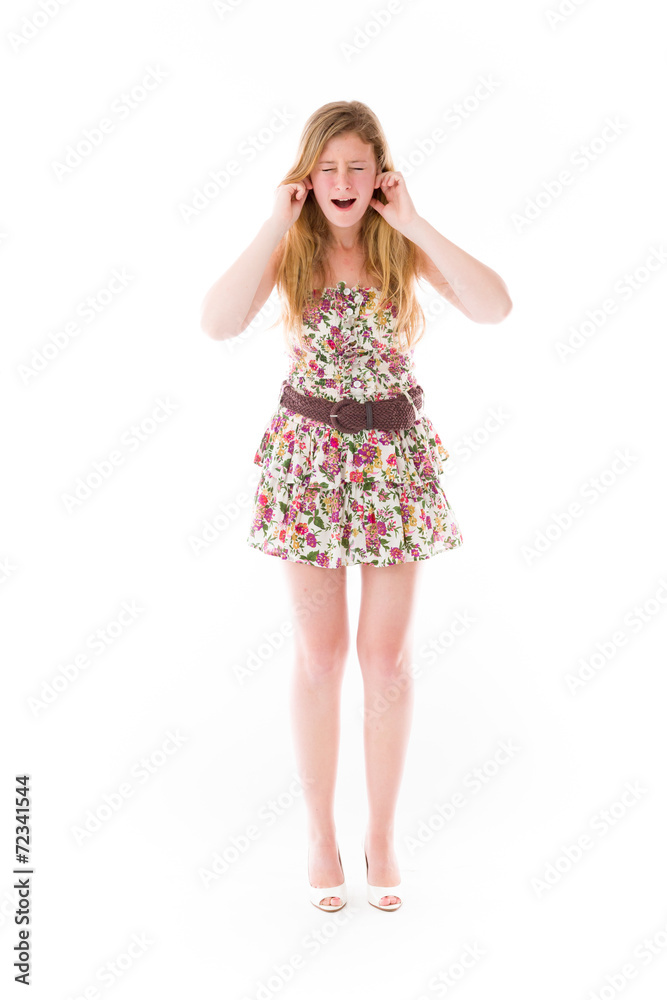 model isolated on plain background plugging ears with fingers