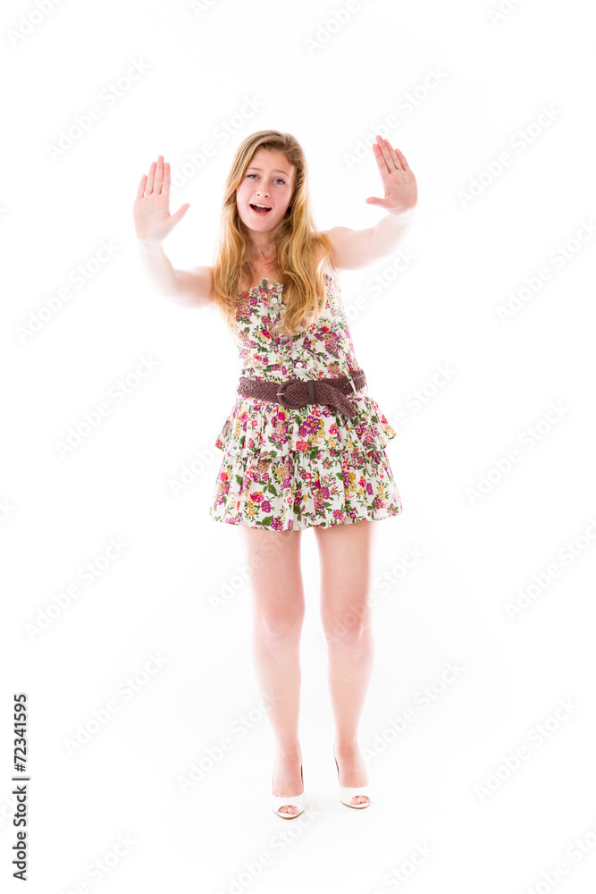 Fototapeta premium model isolated on plain background stop sign with hands