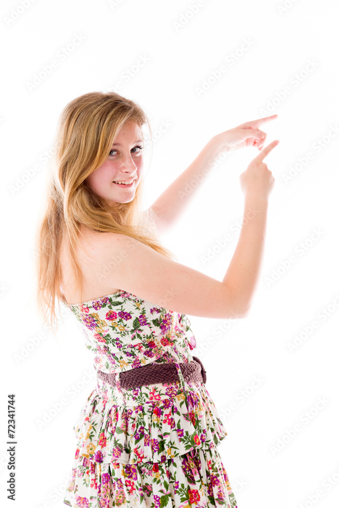 model isolated on plain background looking at camera pointing model isolated on plain background looking at camera pointing