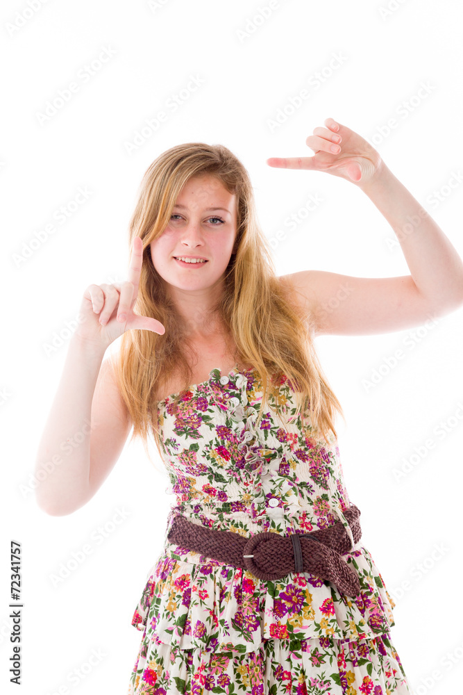 model isolated on plain background hand gesture framing focusing model isolated on plain background hand gesture framing focusing