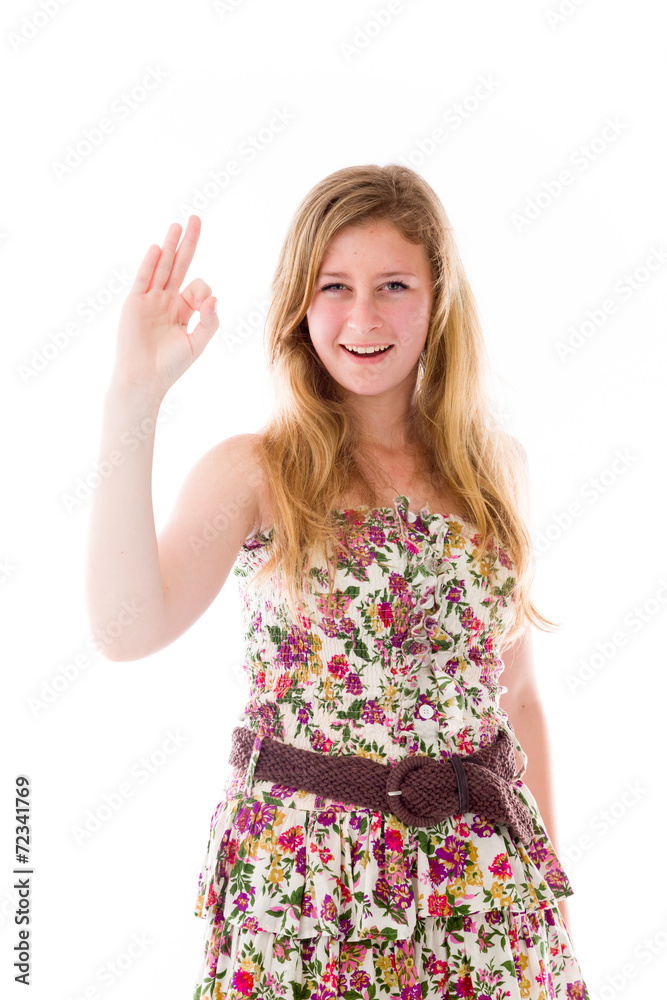 model isolated on plain background hand gesture ok sign