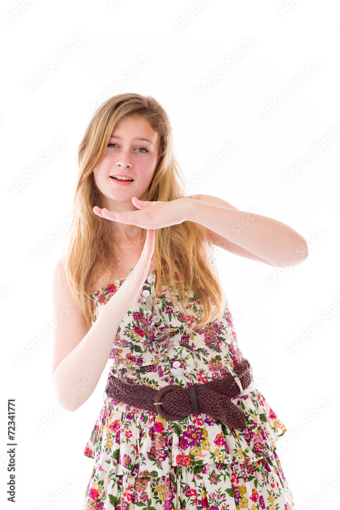 model isolated on plain background hand gesture break sign