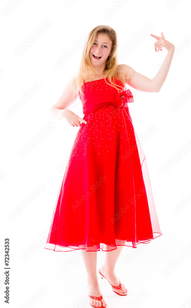 model isolated on plain background pointing to herself