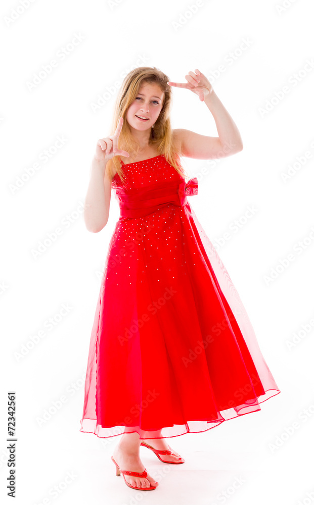 model isolated on plain background hand gesture framing focusing