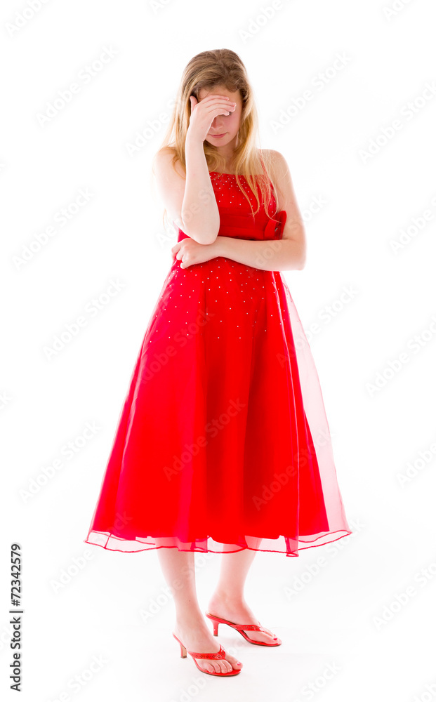 model isolated on plain background ashamed hiding face in hand model isolated on plain background ashamed hiding face in hand