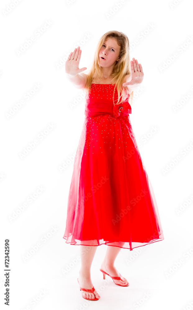 model isolated on plain background stop sign with hands