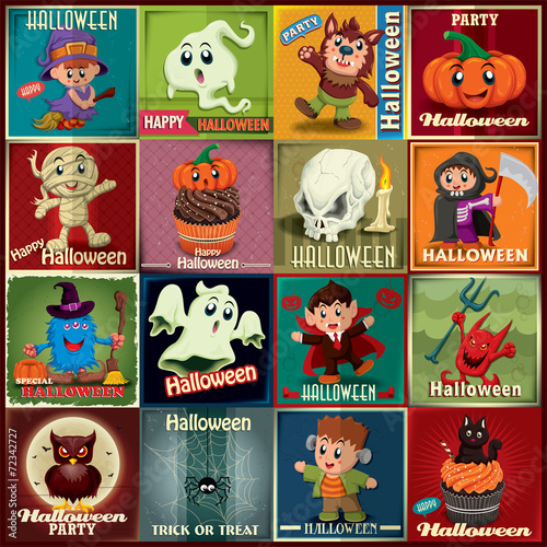 Vintage Halloween poster design set with kids in costume