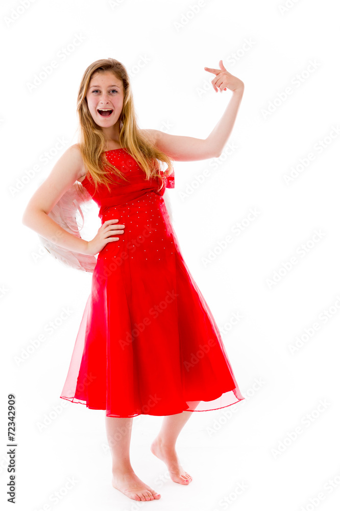 model isolated on plain background pointing to herself model isolated on plain background pointing to herself