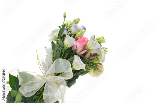 Bouquet of red rose and lisianthus flowers on white background