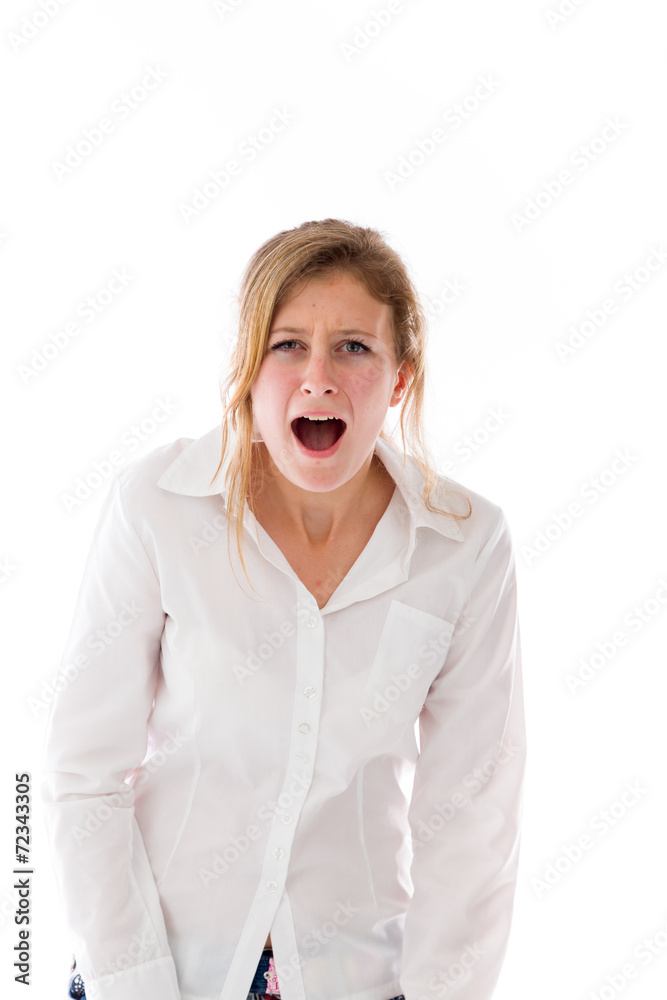 model isolated on plain background furious screaming model isolated on plain background furious screaming