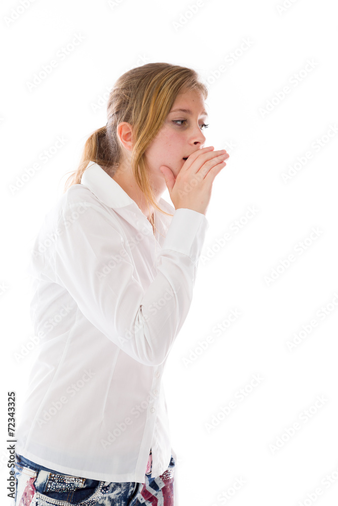 model isolated on plain background calling shouting model isolated on plain background calling shouting