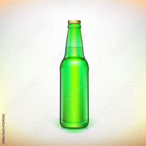 Glass beer green bottle. Product packing.