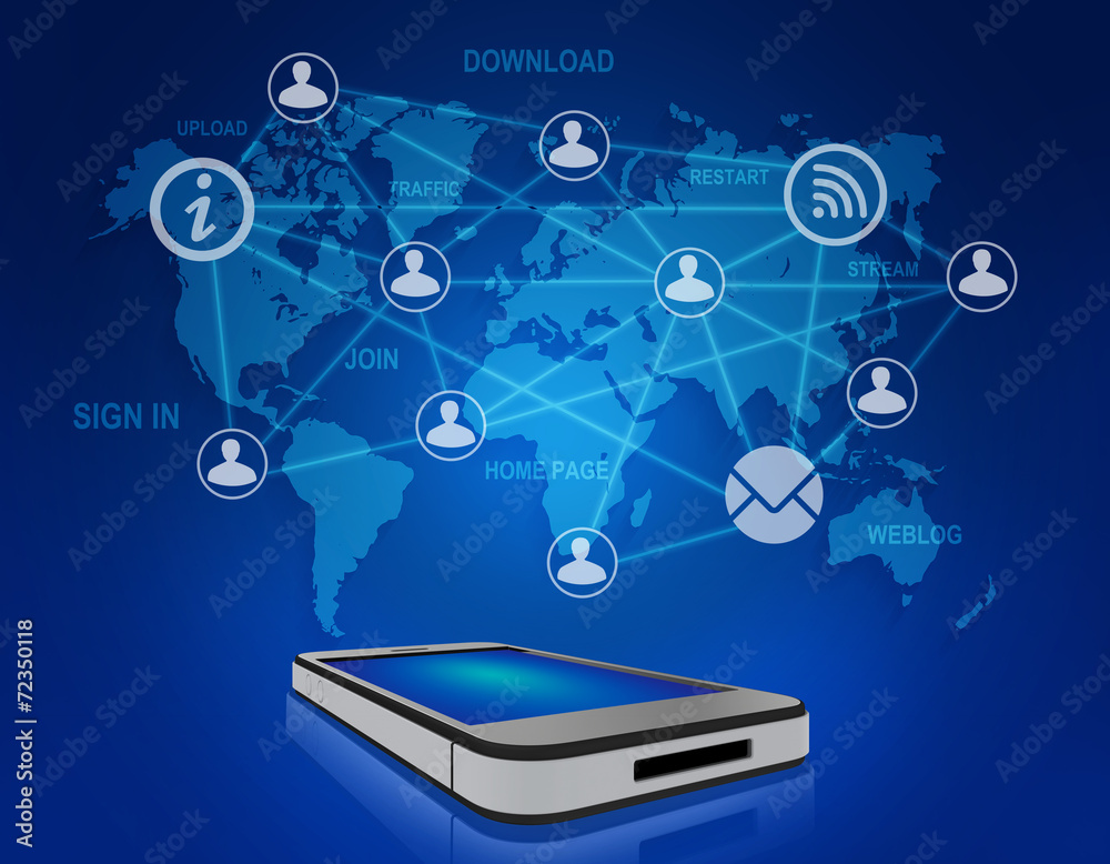 mobile phone and icons people teamwork on world map. mobile phone and icons people teamwork on world map.