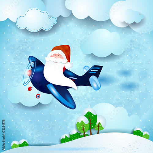 Santa on the plane, over the countryside