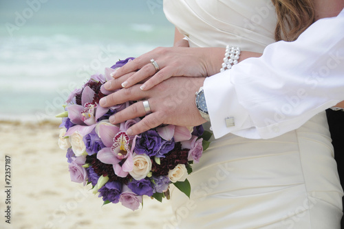 Bride and groom hands and flowers