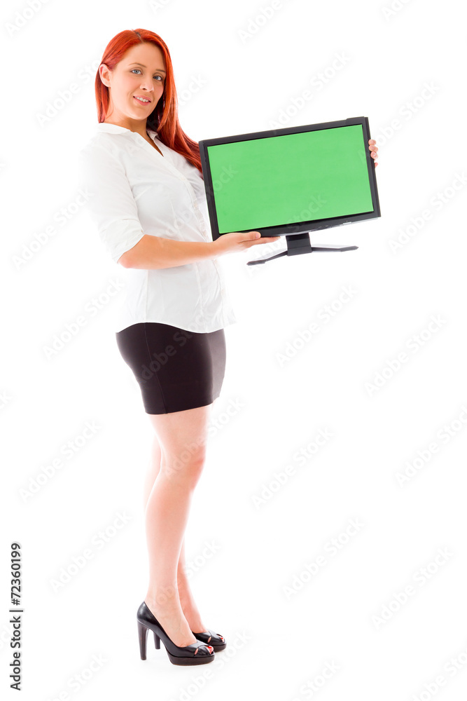 model isolated on white holding blank screen