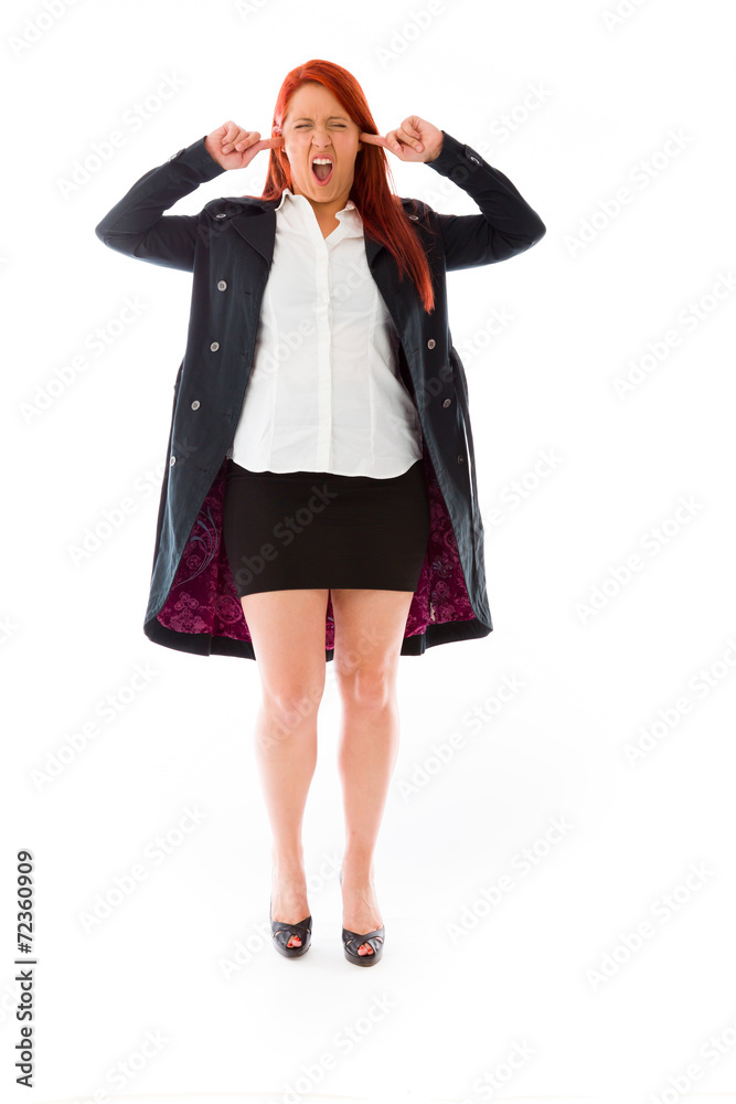 Fototapeta premium model isolated on plain background plugging ears with fingers