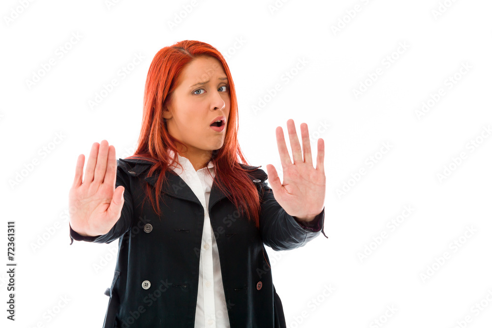 model isolated on plain background stop sign with hands