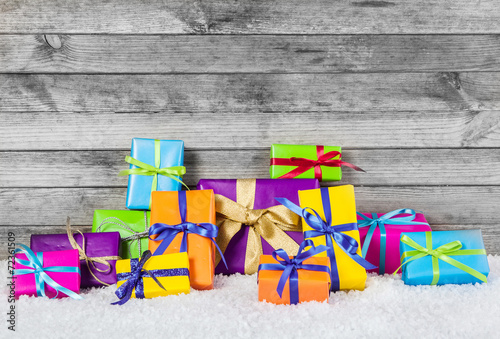 Arranged Christmas Presents on Wooden Background