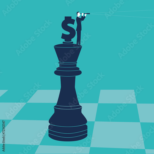 Businessman on a chess piece with spyglass and money sign