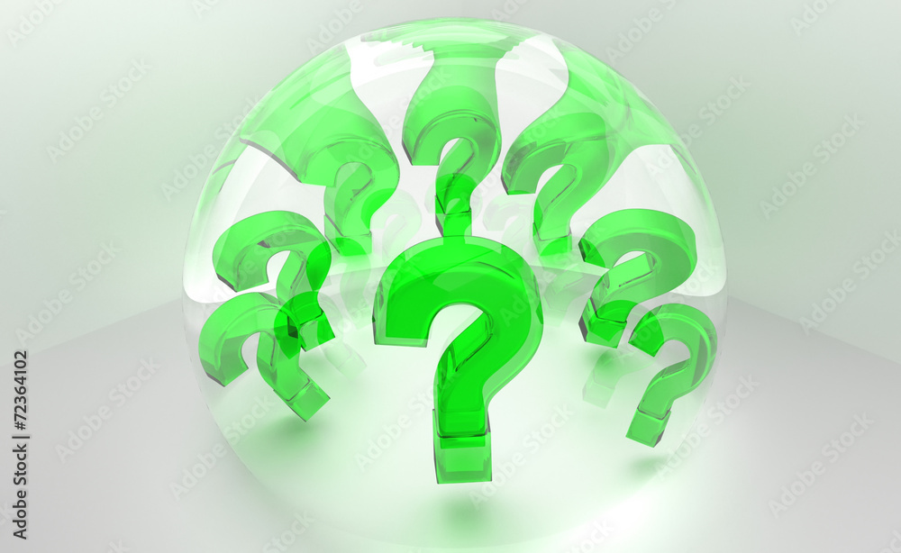 Green question marks in a transparent sphere
