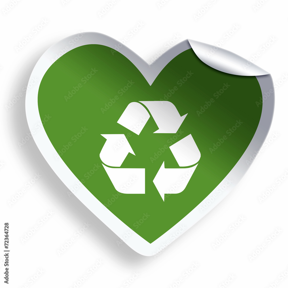 Heart green sticker with recycle icon isolated on white - obrazy, fototapety, plakaty 
