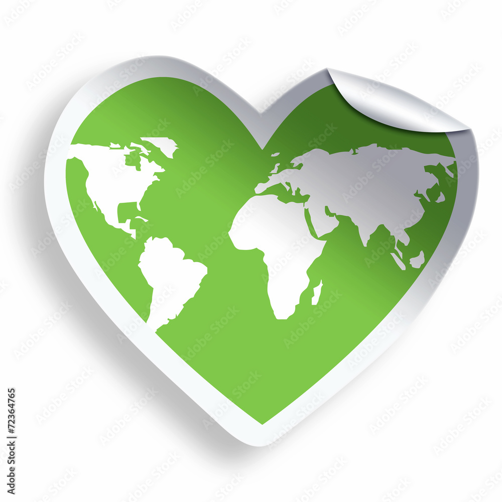 Obraz premium Heart green sticker with earth icon isolated on white