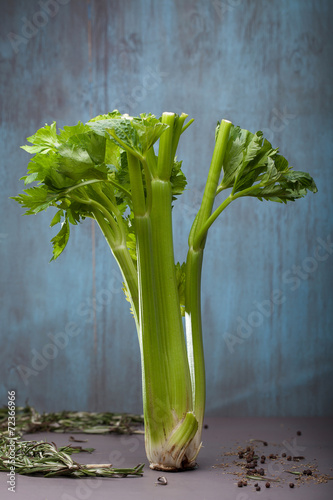 Green stalk celery with spices on the wood background