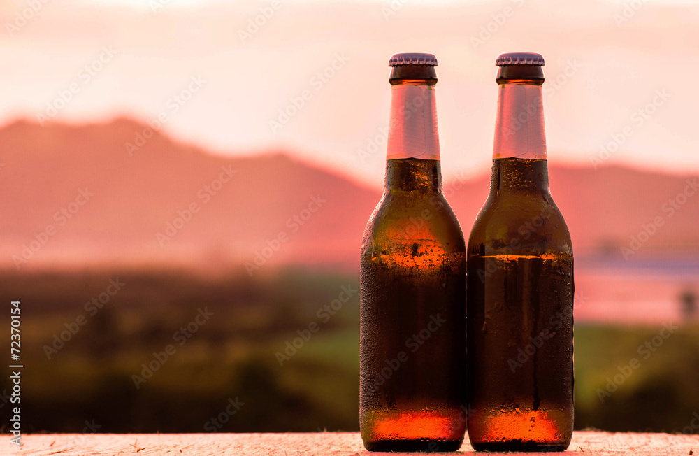 Close up of two beer bottles. mountain background