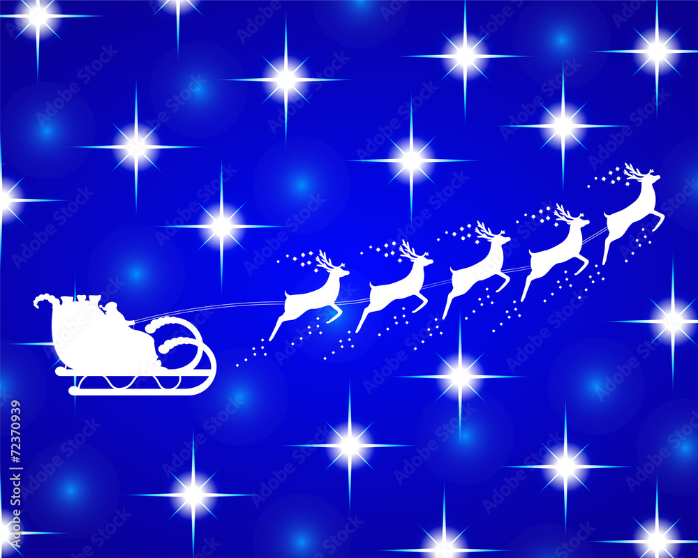 Santa Claus rides in a sleigh reindeer on blue background